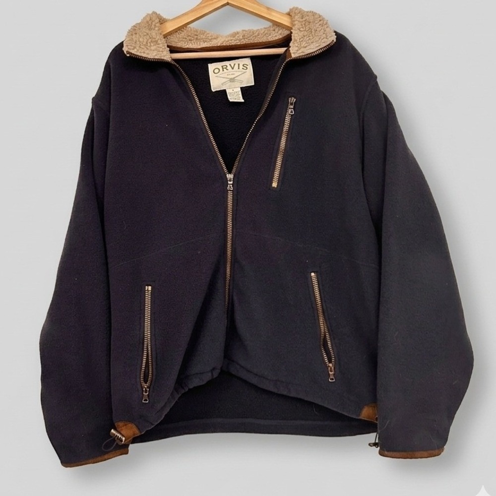 Orvis Navy Blue Fleece Full Zip Jacket Sherpa Collar Faux Suede Trim Cabin Camp
